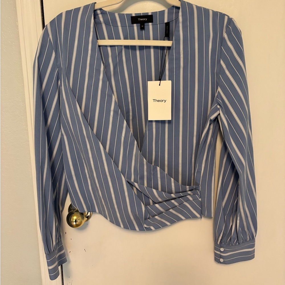 Theory Blue Wrap Fitted Blouse